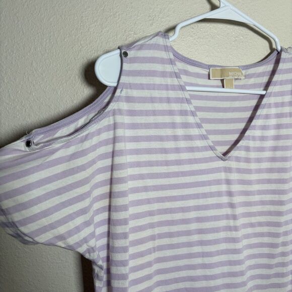Michael Kors Blouse Women's Large Purple Striped Cold Shoulder Short Sleeve - Picture 5 of 9
